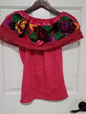 Hand-Embroidered Off-Shoulder Women’s Top in Fuchsia with Floral Detail